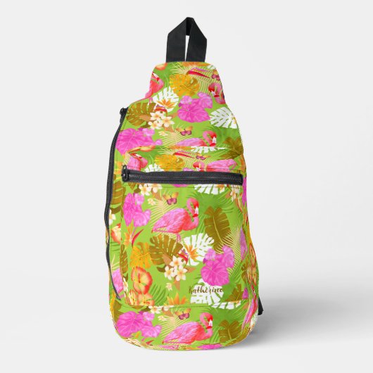 Flamingo Garden Heldergroen Sling Bag (Voorkant)