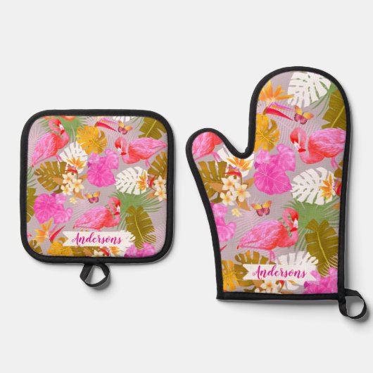 Flamingo Garden Pink Ovenwant & Pannenlap Set (Voorkant)