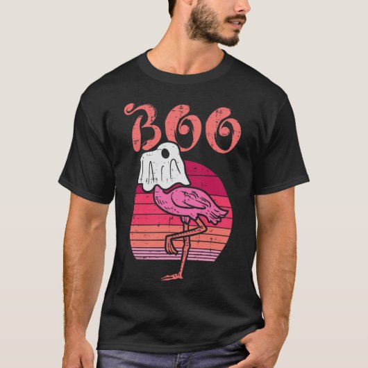 Flamingo Ghost Boo Pink Sunset Retro Halloween Bir T-shirt (Voorkant)