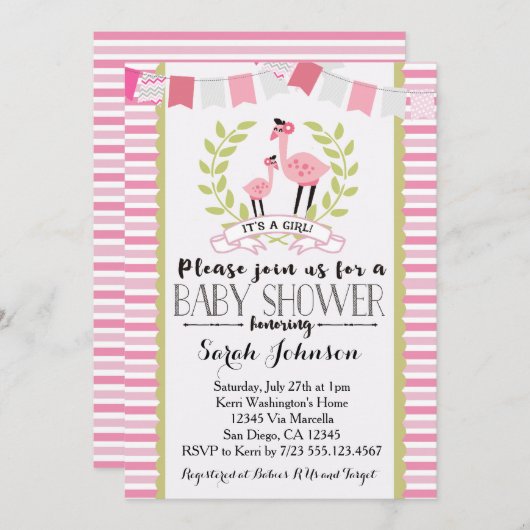 Flamingo Girl Baby shower Uitnodiging (Voorkant / Achterkant)