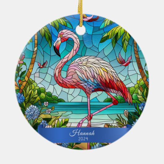 Flamingo Glas in lood look gepersonaliseerde tropi Keramisch Ornament (Achterkant)