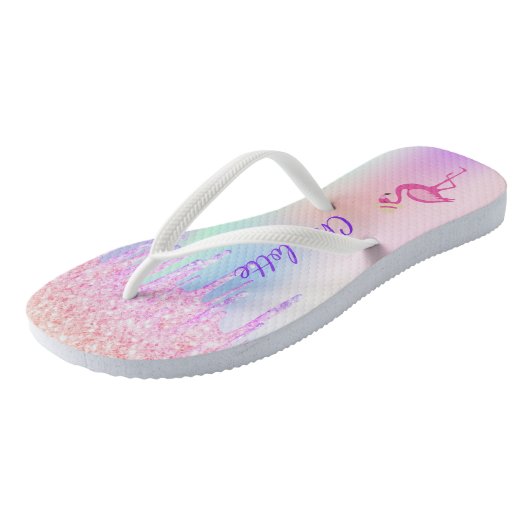 Flamingo glitter tropische benaming roze holografi teenslippers (Schuin)