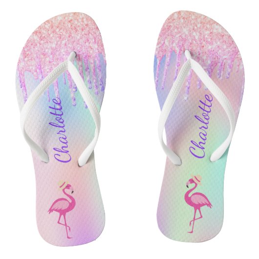 Flamingo glitter tropische benaming roze holografi teenslippers (Voetbed)