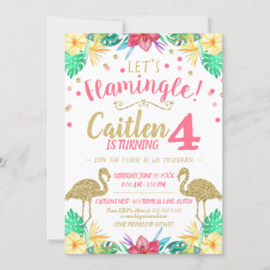 Flamingo Gold Glitter and Pink Birthday Invitation Kaart