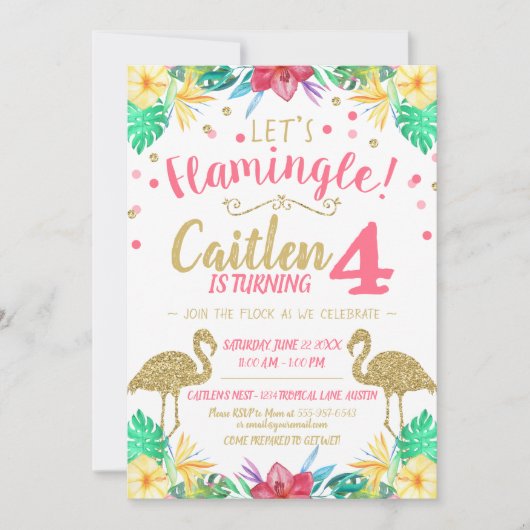 Flamingo Gold Glitter en roze verjaardagsuitnodigi Kaart (Voorkant)