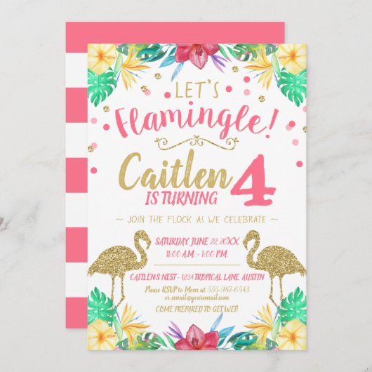 Flamingo Gold Glitter en roze verjaardagsuitnodigi Kaart (Voorkant / Achterkant)