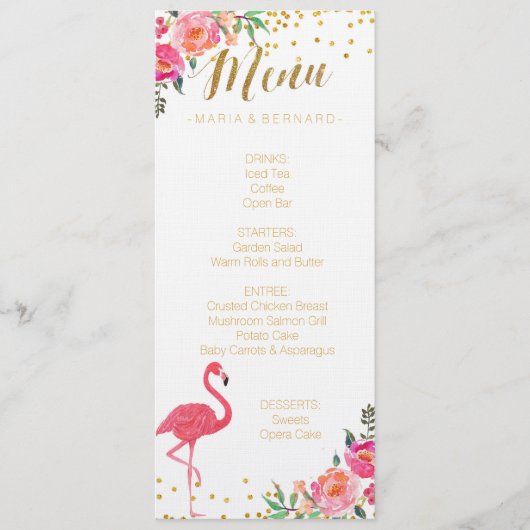 Flamingo Gold Wedding Menu Kaart (Voorkant)