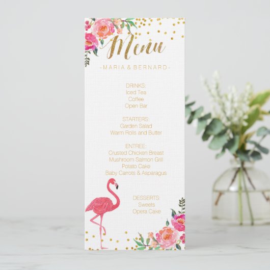 Flamingo Gold Wedding Menu Kaart (Staand voorkant)