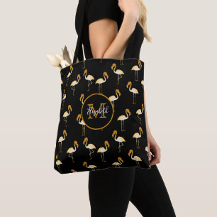 Flamingo Gold zwarte edelegante tropische monogram Tote Bag