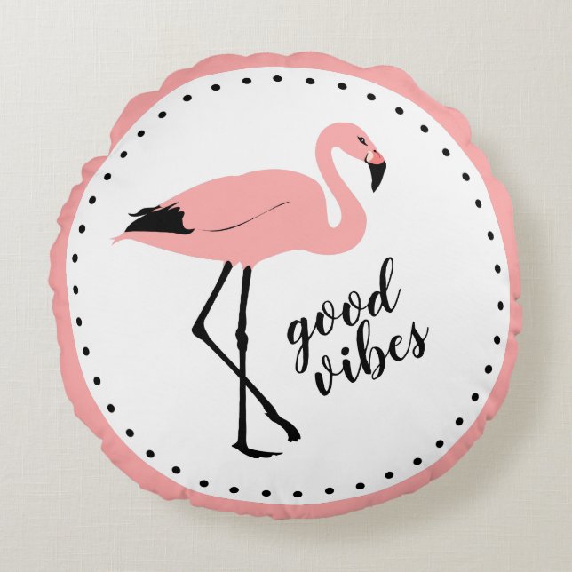 Flamingo Good Vibes Pink Black Cute Sierkussen Rond Kussen (Voorkant)