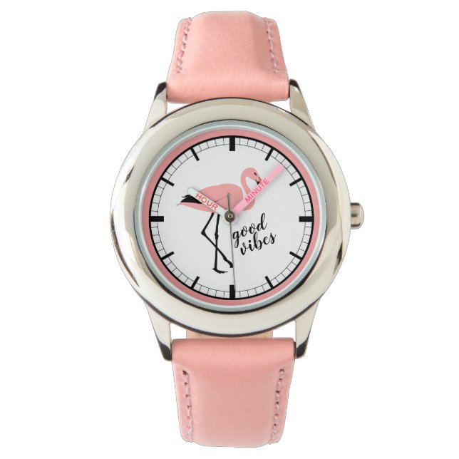 Flamingo Good Vibes Pink Black Cute Watch Horloge (Voorkant)