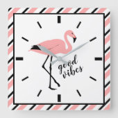 Flamingo Good Vibes Pink Black Square Wall klok (Voorkant)