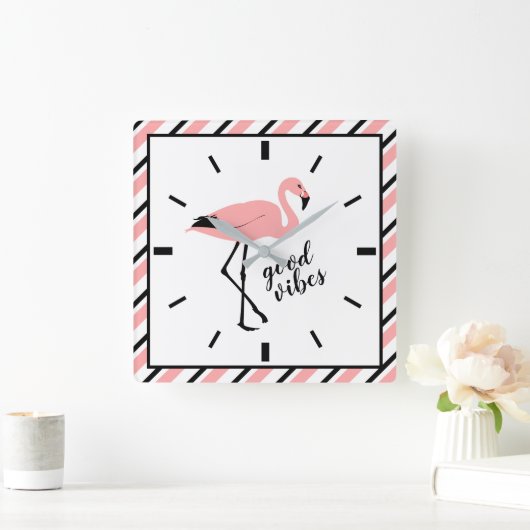 Flamingo Good Vibes Pink Black Square Wall klok (Huis)