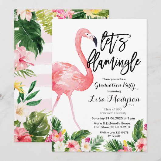 Flamingo Graduation Party nodigt kaart uit (Voorkant / Achterkant)