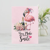 Flamingo Grappig Gezicht met Champagne voor partij Bedankkaart (Staand voorkant)