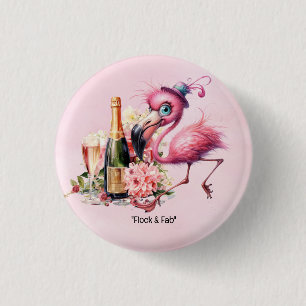 Flamingo Grappig Gezicht met Champagne voor partij Ronde Button 3,2 Cm