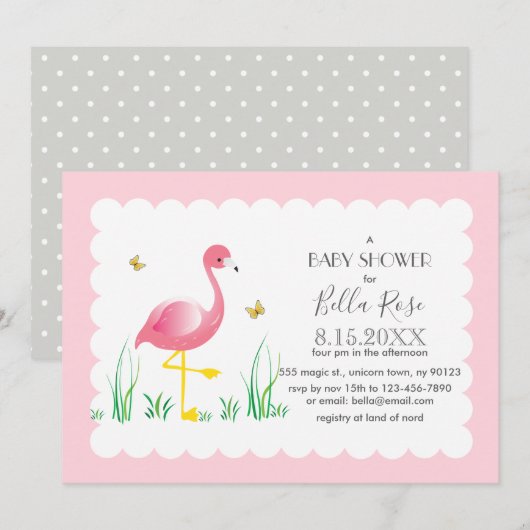 Flamingo Gray Polka Dots Baby shower Invite Kaart (Voorkant / Achterkant)