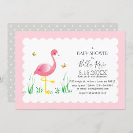 Flamingo Gray Polka Dots Baby shower Invite Kaart
