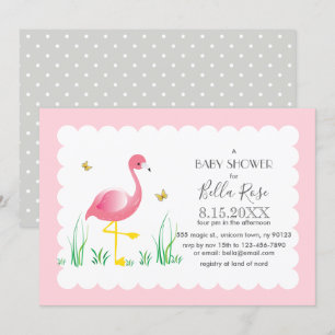 Flamingo Gray Polka Dots Baby shower Invite Kaart