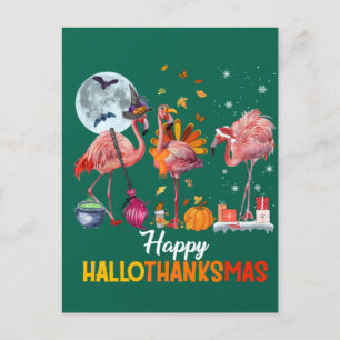 Flamingo Halloween en Merry KerstHappy Hallo Briefkaart