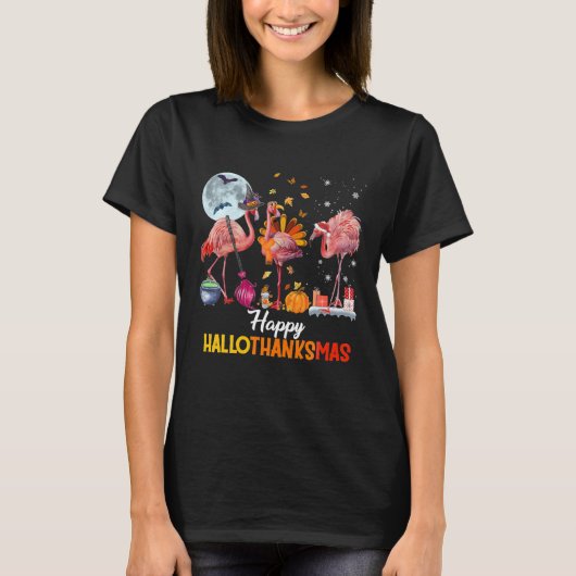 Flamingo Halloween Thanksgiving and Merry T-shirt (Voorkant)
