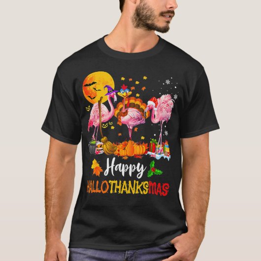 Flamingo Happy HalloThanksMas Halloween Thanksgivi T-shirt (Voorkant)