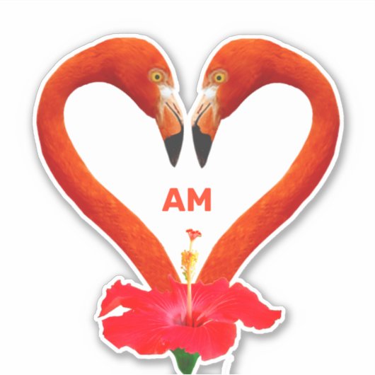 Flamingo Heart & Hibiscus Flower met Monogram Sticker (Voorkant)