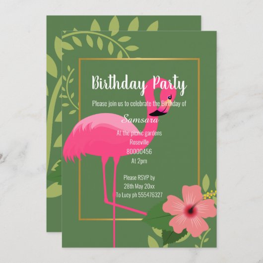FLAMINGO HIBISCUS SAGE GREEN GOLD BIRTHDAY KAART (Voorkant / Achterkant)