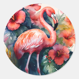 Flamingo Hibiscus Waterverf Kunst Ronde Sticker