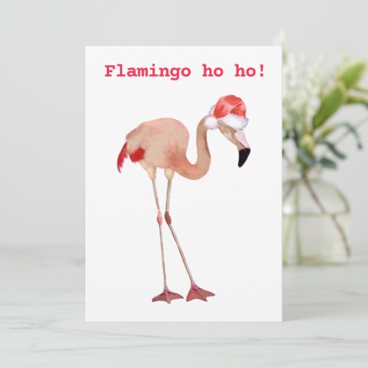 Flamingo ho ho pun waterverf grappige kerstflat feestdagenkaart (Staand voorkant)