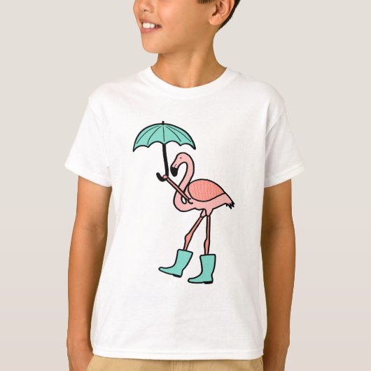 Flamingo Holding Umbrella en Wearing Rain Boots T-shirt (Voorkant)