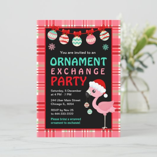 Flamingo Holiday Ornament Exchange Party Kaart (Staand voorkant)