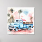 Flamingo in blauwe retro vrachtwagen canvas afdruk (Voorkant)