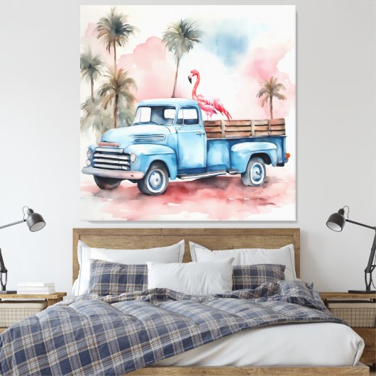 Flamingo in blauwe retro vrachtwagen canvas afdruk (Insitu (Slaapkamer))