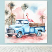 Flamingo in blauwe retro vrachtwagen canvas afdruk (Insitu (Houten vloer))