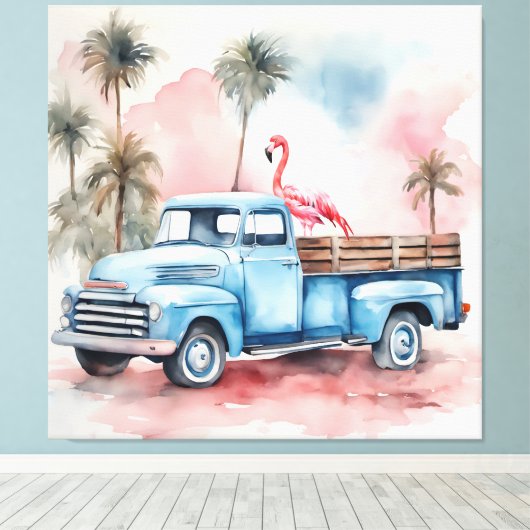 Flamingo in blauwe retro vrachtwagen canvas afdruk (Insitu (Houten vloer))