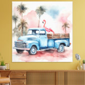 Flamingo in blauwe retro vrachtwagen canvas afdruk (Insitu (Woonkamer))