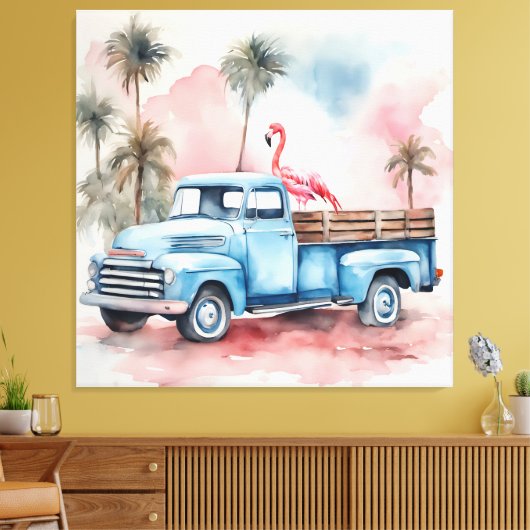 Flamingo in blauwe retro vrachtwagen canvas afdruk (Insitu (Woonkamer))