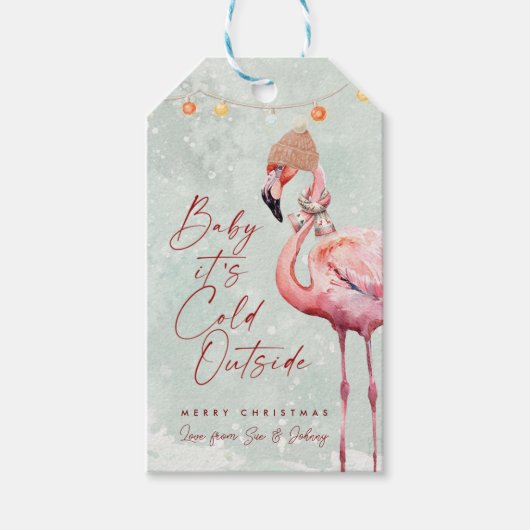 Flamingo in de sneeuw Kerstcadeau labels Cadeaulabel (Voorkant)