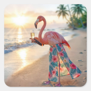 Flamingo in een Rok met een Champagneglas Vierkante Sticker