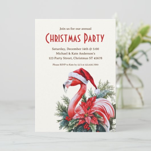Flamingo in een Santa Hat Tropical Christmas Party Kaart (Staand voorkant)