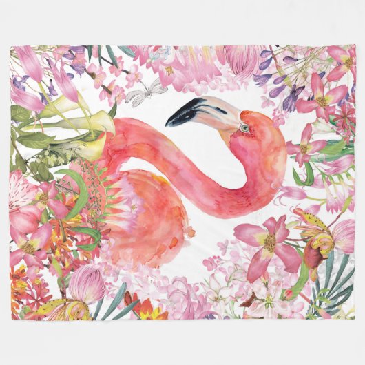 Flamingo in het Bloem Oerwoud - het Patroon van de Fleece Deken (Voorkant (Horizontaal))