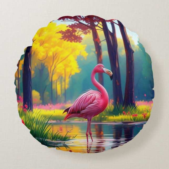 Flamingo in het meer 365476 rond kussen (Voorkant)