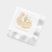 Flamingo in het water, strand, palmbomen met paar  folie servetten (Links)