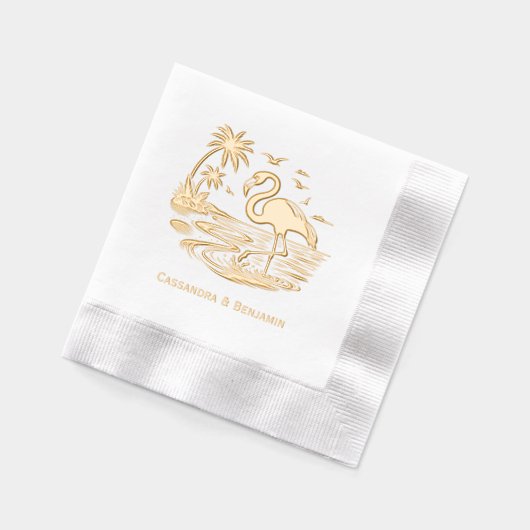 Flamingo in het water, strand, palmbomen met paar folie servetten (Links)