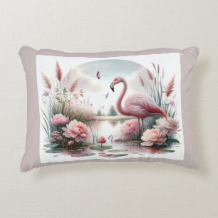 Flamingo in Pastel Pond Floral Scene Accent Kussen