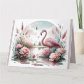 Flamingo in Pastel Pond Floral Scene Bedankkaart (Voorkant)