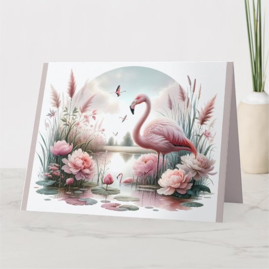 Flamingo in Pastel Pond Floral Scene Bedankkaart (Voorkant)