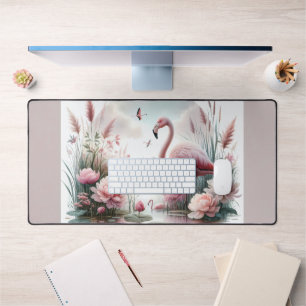 Flamingo in Pastel Pond Floral Scene Bureaumat