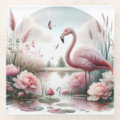 Flamingo in Pastel Pond Floral Scene Glazen Onderzetter (Voorkant)